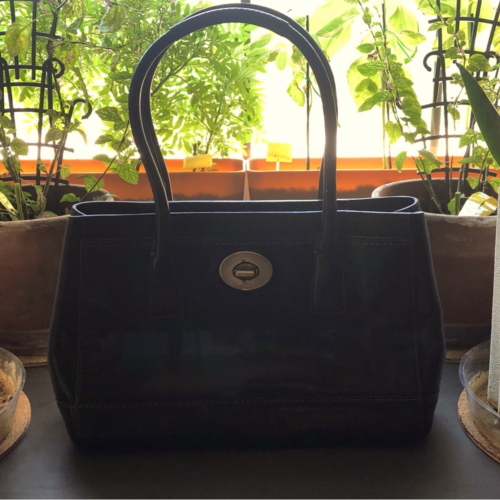 Coach Black Leather Shoulder Tote with Gold Turnlock